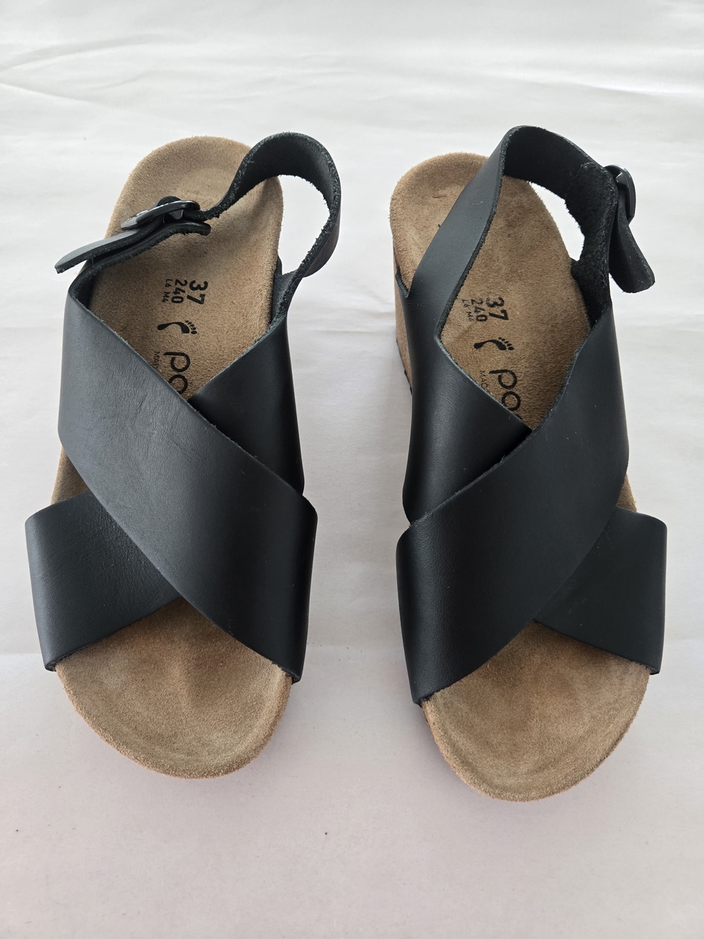 Papillio Women's Black Leather Strappy Wedge Sandals Cork Sole Buckle EU37 US6.5